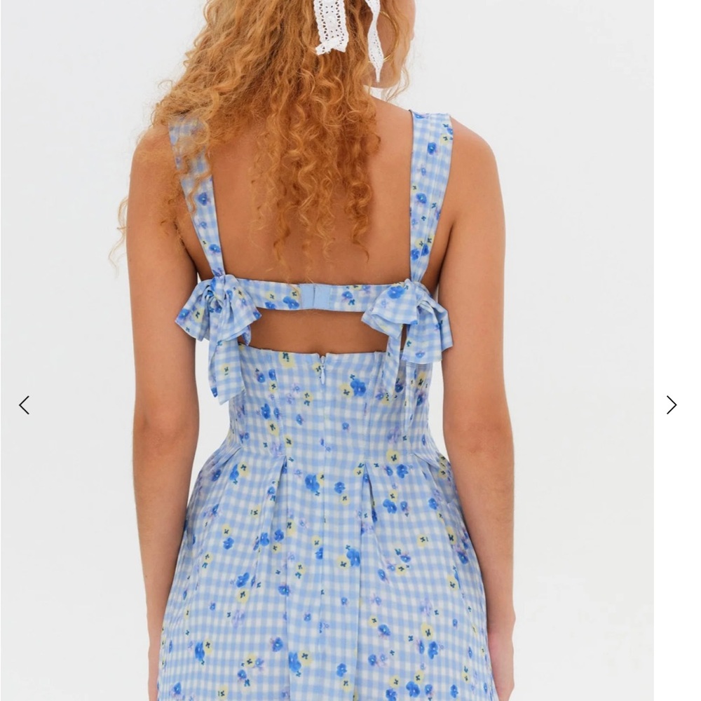 For Love & Lemons Blue Gingham Floral Mini Dress - Picture 2 of 6